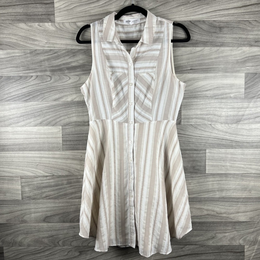 BCBGeneration Dress Womens‎ 8 Cream White Button Front Sleeveless Collared Strip